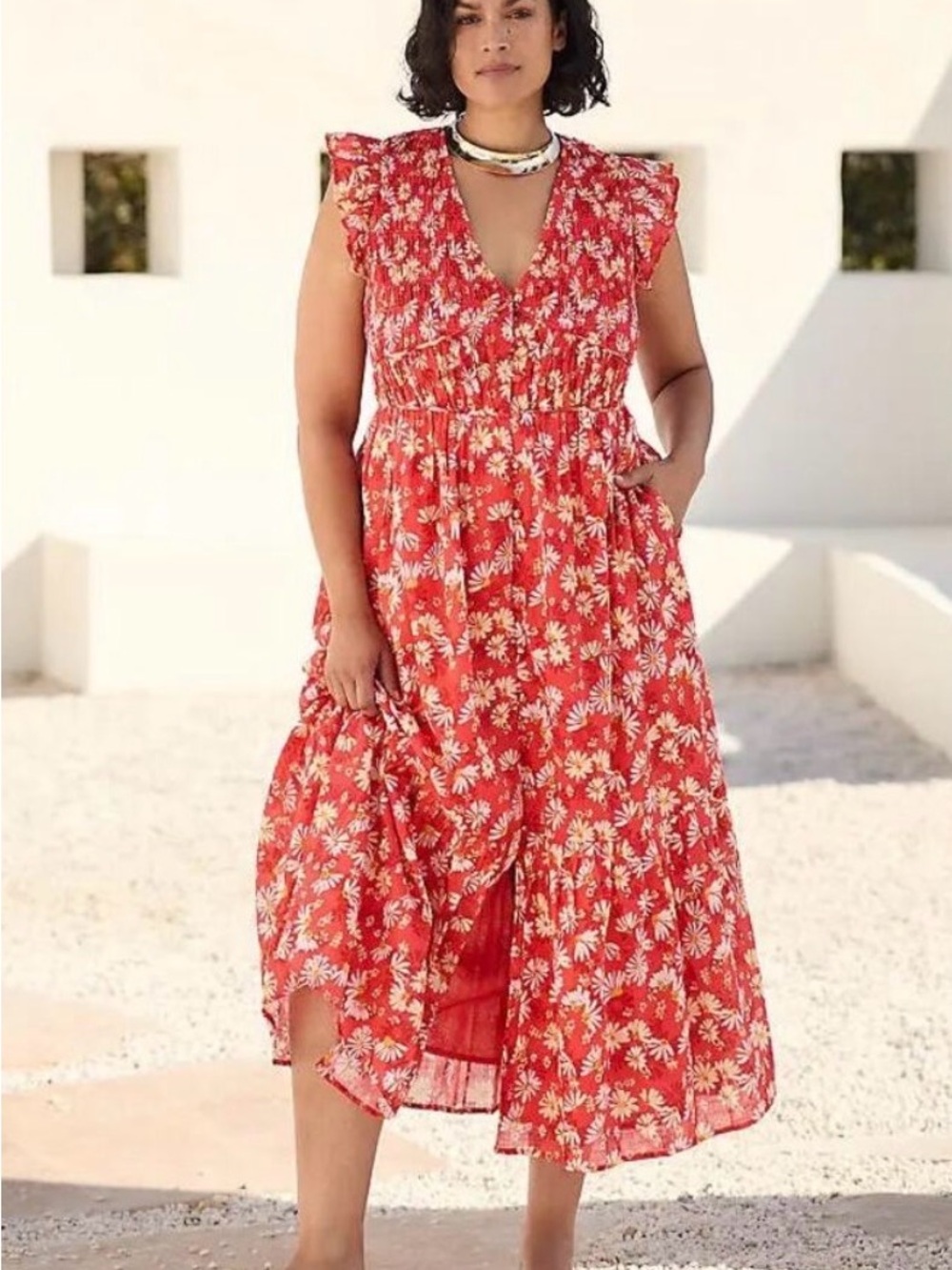 Anthropologie Red Floral V-Neck Tiered Peregrine Midi Dress